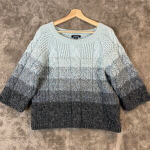 Lands End Cable Knit Chunky Sweater Blue Gray MP PM 10 12 Wool Mohair Blend